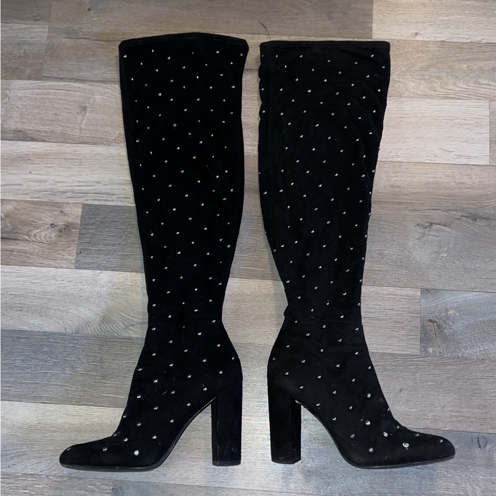 Black Suede Knee High Heel Boots